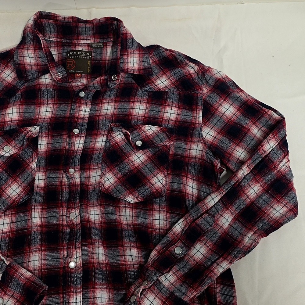 Roper Western Shirt Men Medium Red Navy Blue Plaid Pearl Snap Cotton 03-001-0522